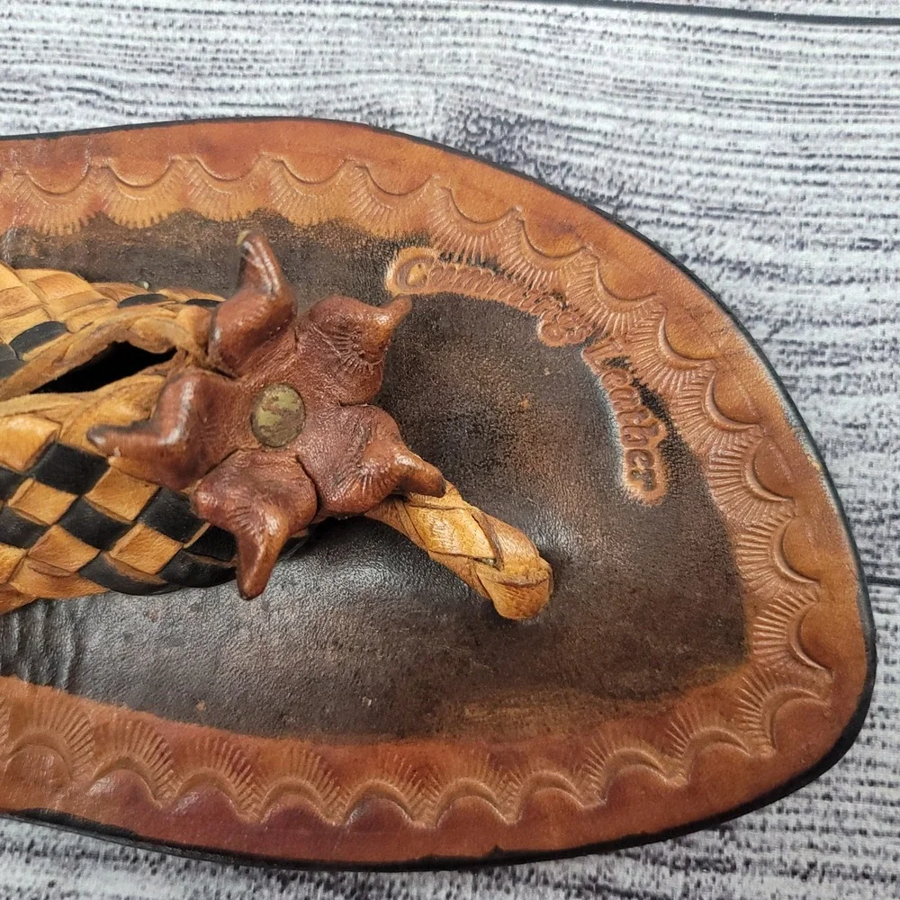 Vintage Hand Tooled Leather Woven Wedge Thong Sandals Boho Flower Brown Womens
